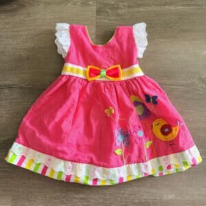 Rare Editions Pink Dress Eyelet Seersucker Polka Dot Embroidered Spring 12 Mon